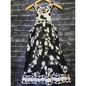 BCBGMAXAZRIA Midi Dress Womens Large Black White Floral Pockets Pullover Stretch